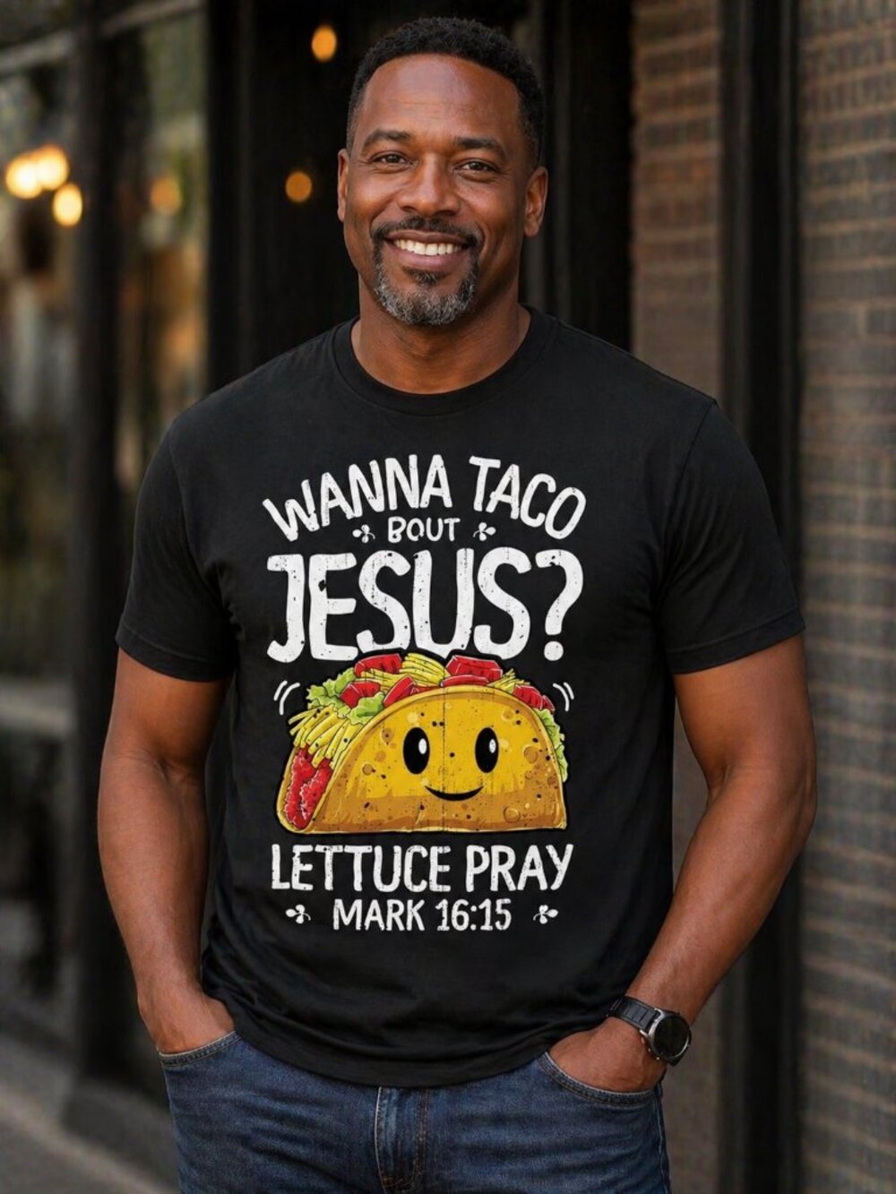 NWT! Mens Large L Christian Jesus T-Shirt Wanna Taco Bout Jesus Lettuce Pray